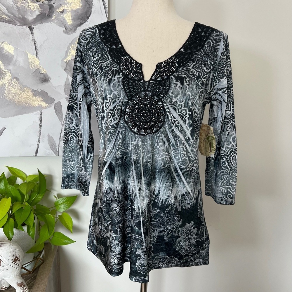 One World Womens S Velvet Paisley Tunic Top Rhinestone Whimsigoth Boho Black